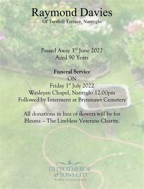 Friday, 27 March, 2020. . Protheroe funeral notices brynmawr facebook